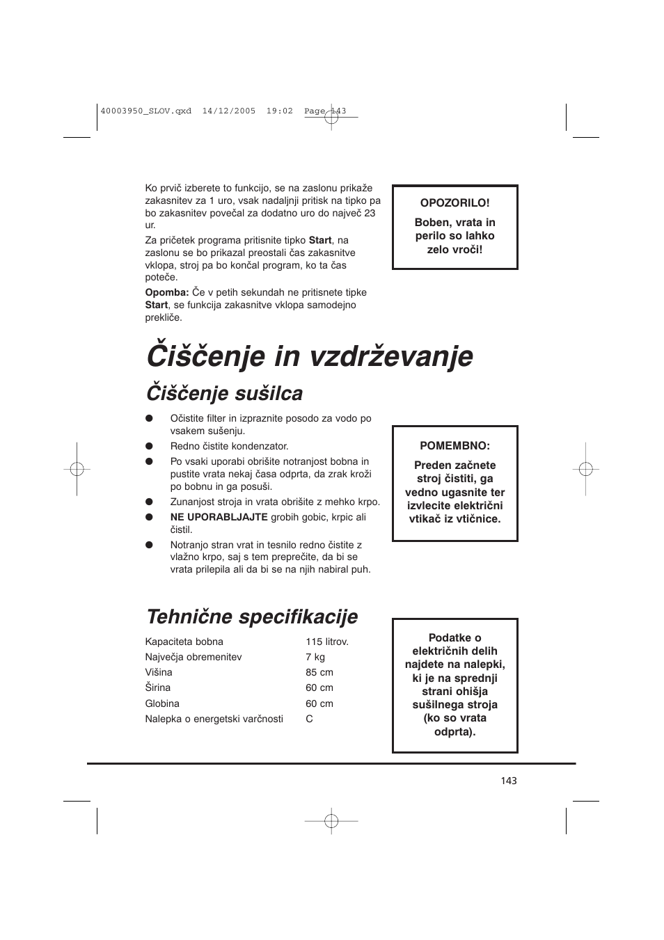 Čiščenje in vzdrževanje, Čiščenje sušilca, Tehnične specifikacije | Candy CC2 77 T-86S User Manual | Page 143 / 164