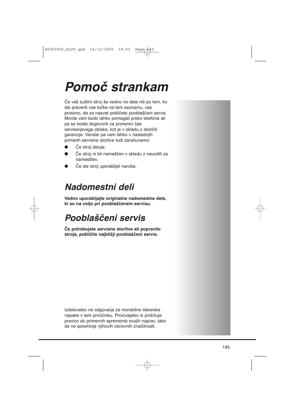 Pomoč strankam, Nadomestni deli, Pooblaščeni servis | Candy CC2 77 T-86S User Manual | Page 145 / 164