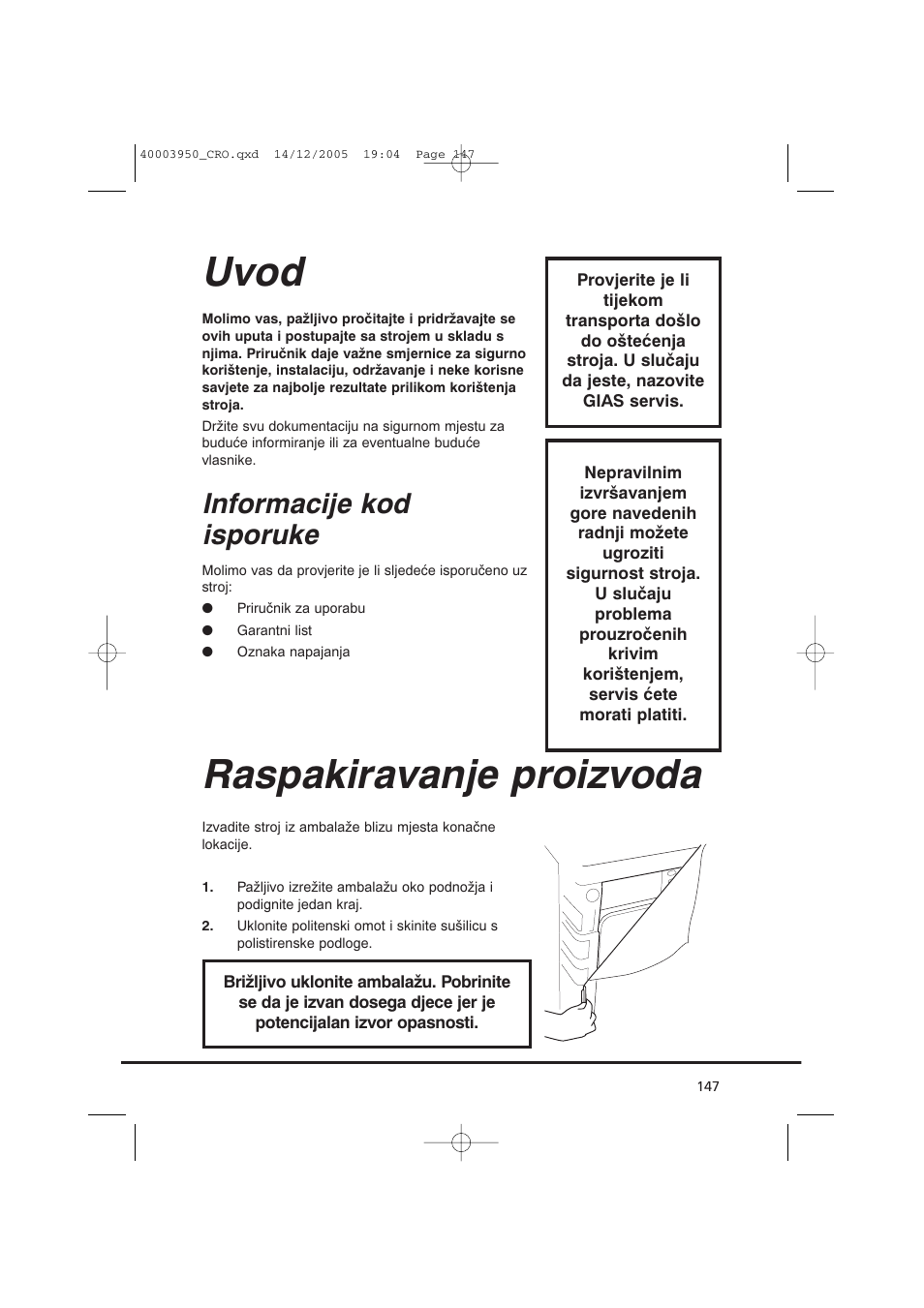 Uvod, Raspakiravanje proizvoda, Informacije kod isporuke | Candy CC2 77 T-86S User Manual | Page 147 / 164