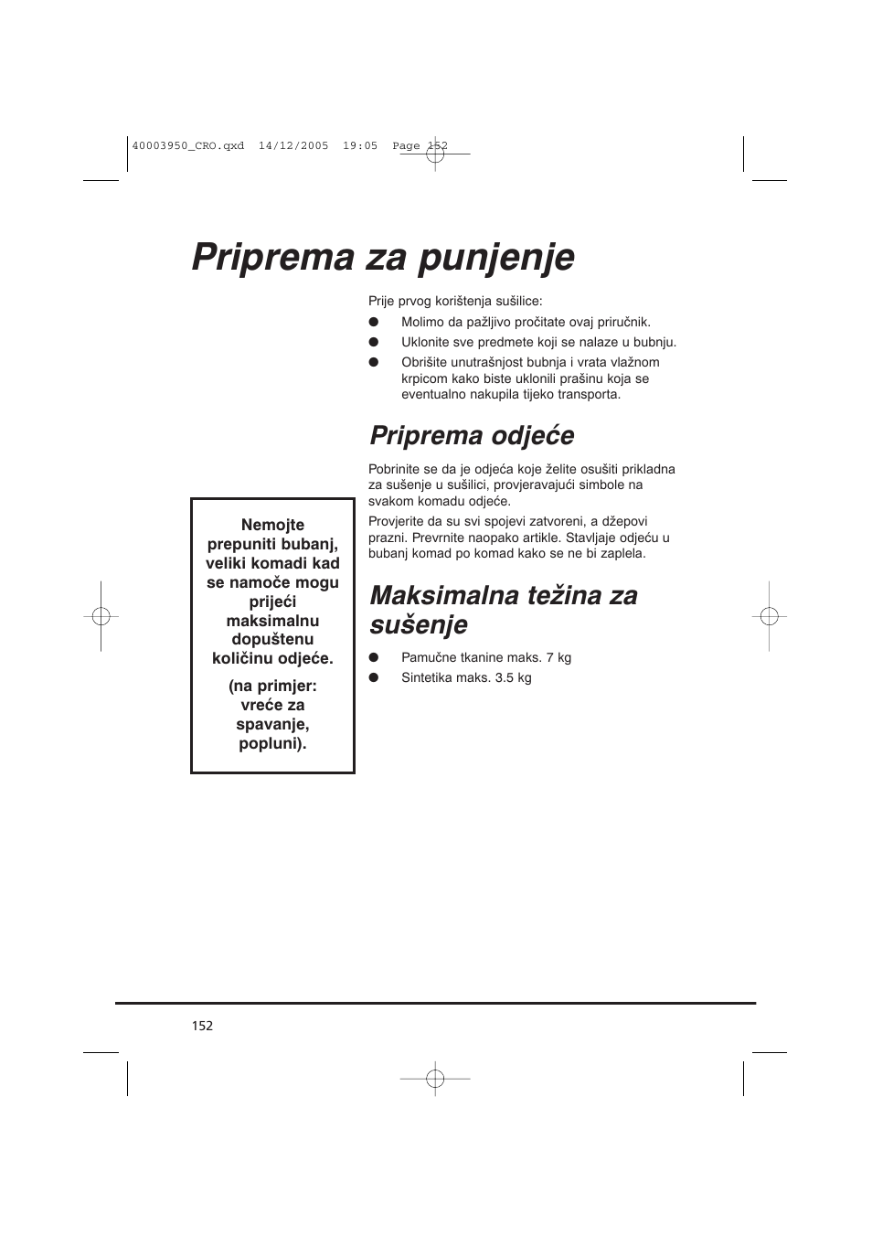 Priprema za punjenje, Priprema odjeće, Maksimalna težina za sušenje | Candy CC2 77 T-86S User Manual | Page 152 / 164