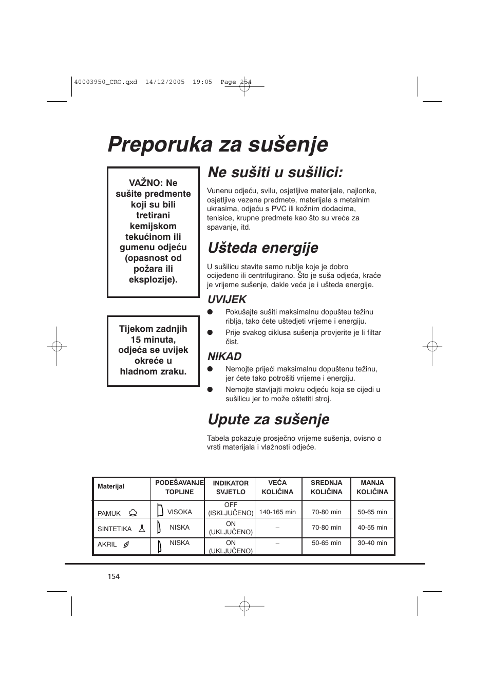 Preporuka za sušenje, Ne sušiti u sušilici, Ušteda energije | Upute za sušenje, Uvijek, Nikad | Candy CC2 77 T-86S User Manual | Page 154 / 164
