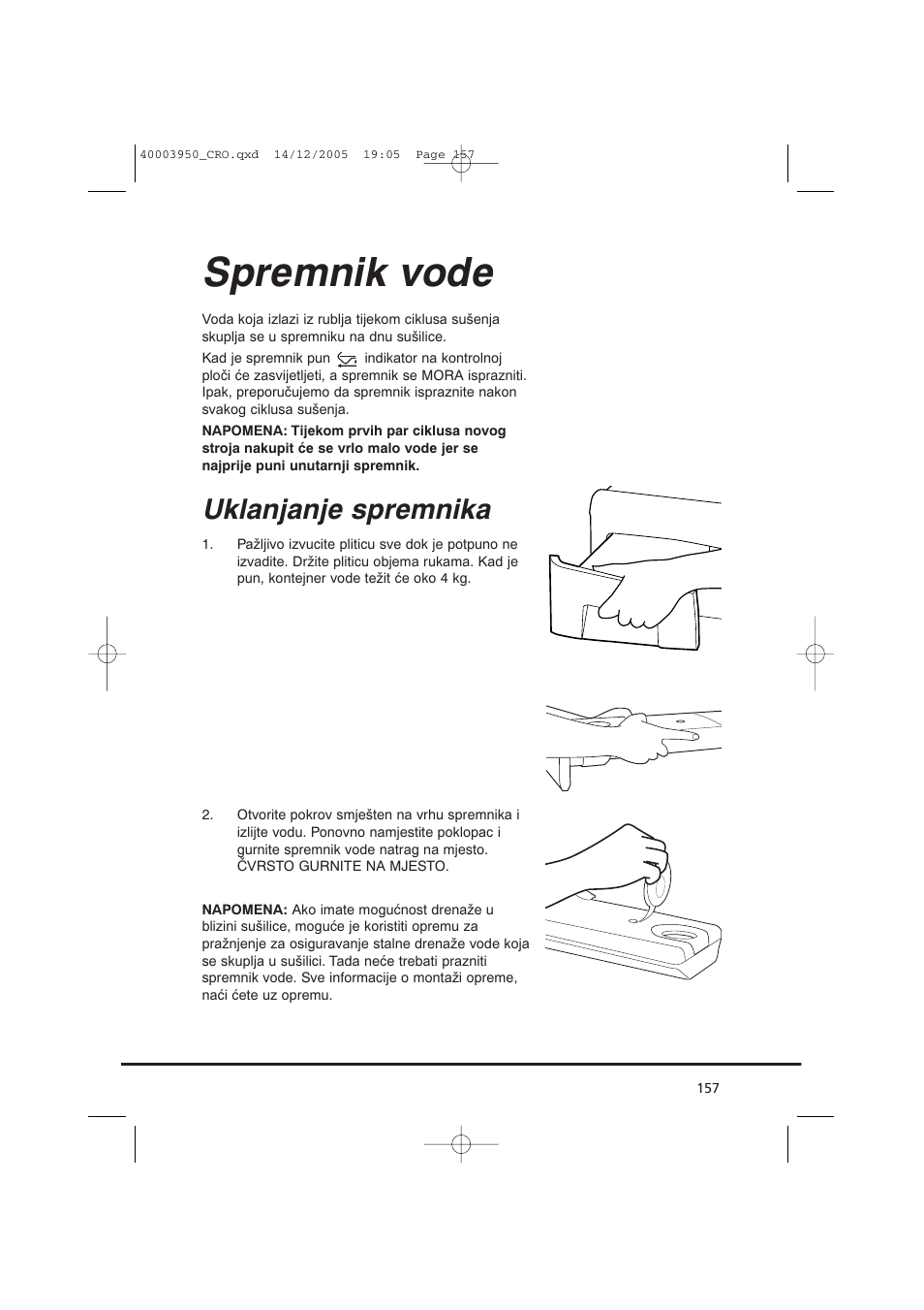 Spremnik vode, Uklanjanje spremnika | Candy CC2 77 T-86S User Manual | Page 157 / 164