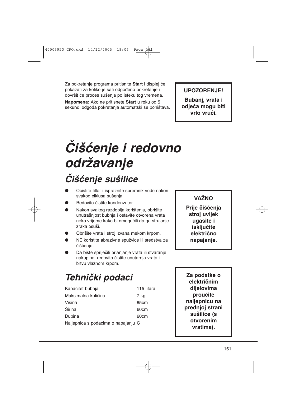 Čišćenje i redovno održavanje, Čišćenje sušilice, Tehnički podaci | Candy CC2 77 T-86S User Manual | Page 161 / 164