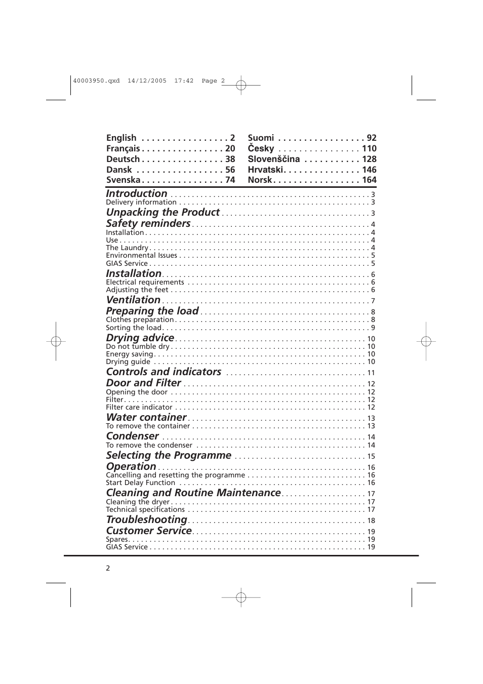 Introduction, Unpacking the product, Safety reminders | Installation, Ventilation, Preparing the load, Drying advice, Controls and indicators, Door and filter, Water container | Candy CC2 77 T-86S User Manual | Page 2 / 164