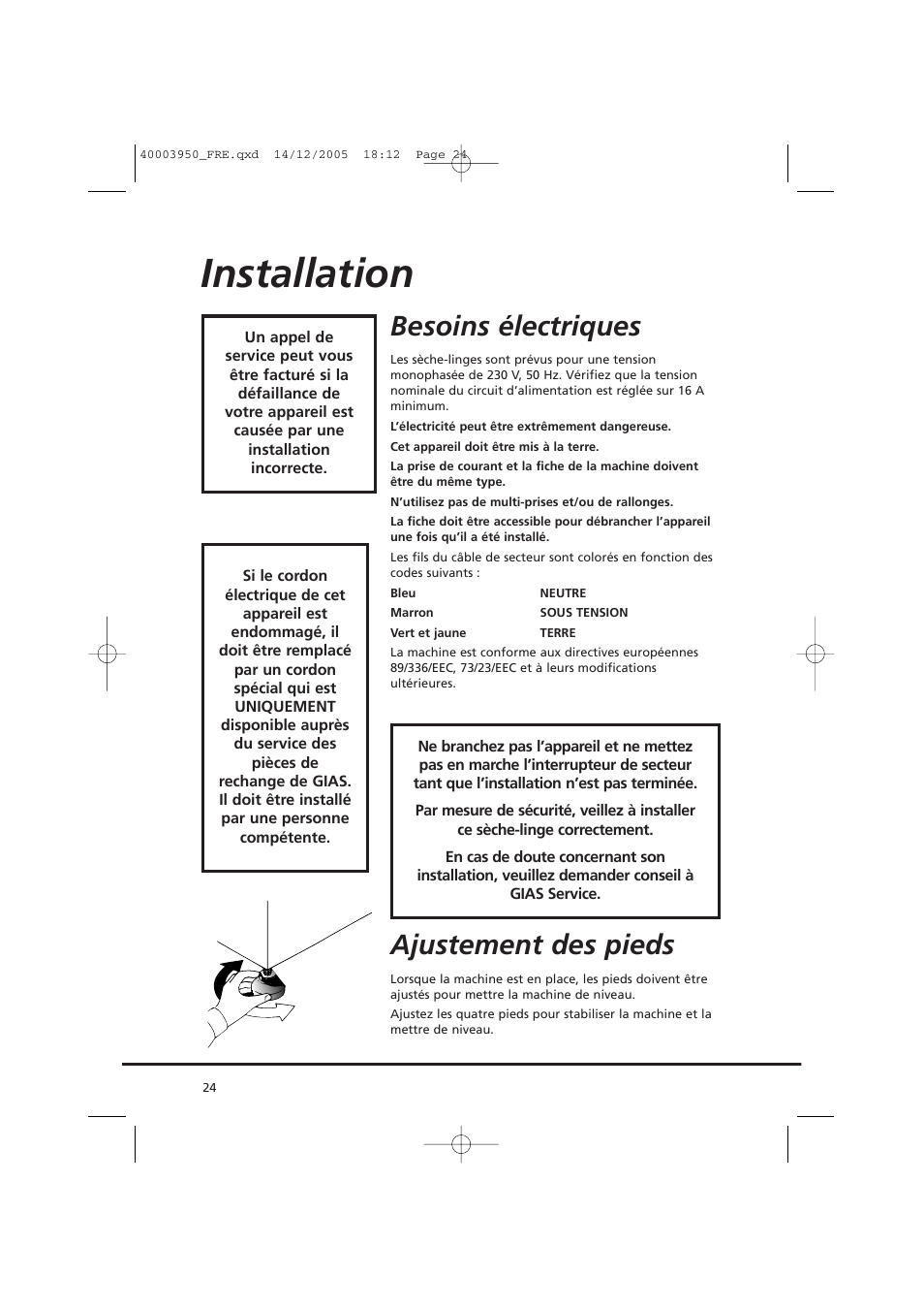 Installation, Besoins électriques, Ajustement des pieds | Candy CC2 77 T-86S User Manual | Page 24 / 164