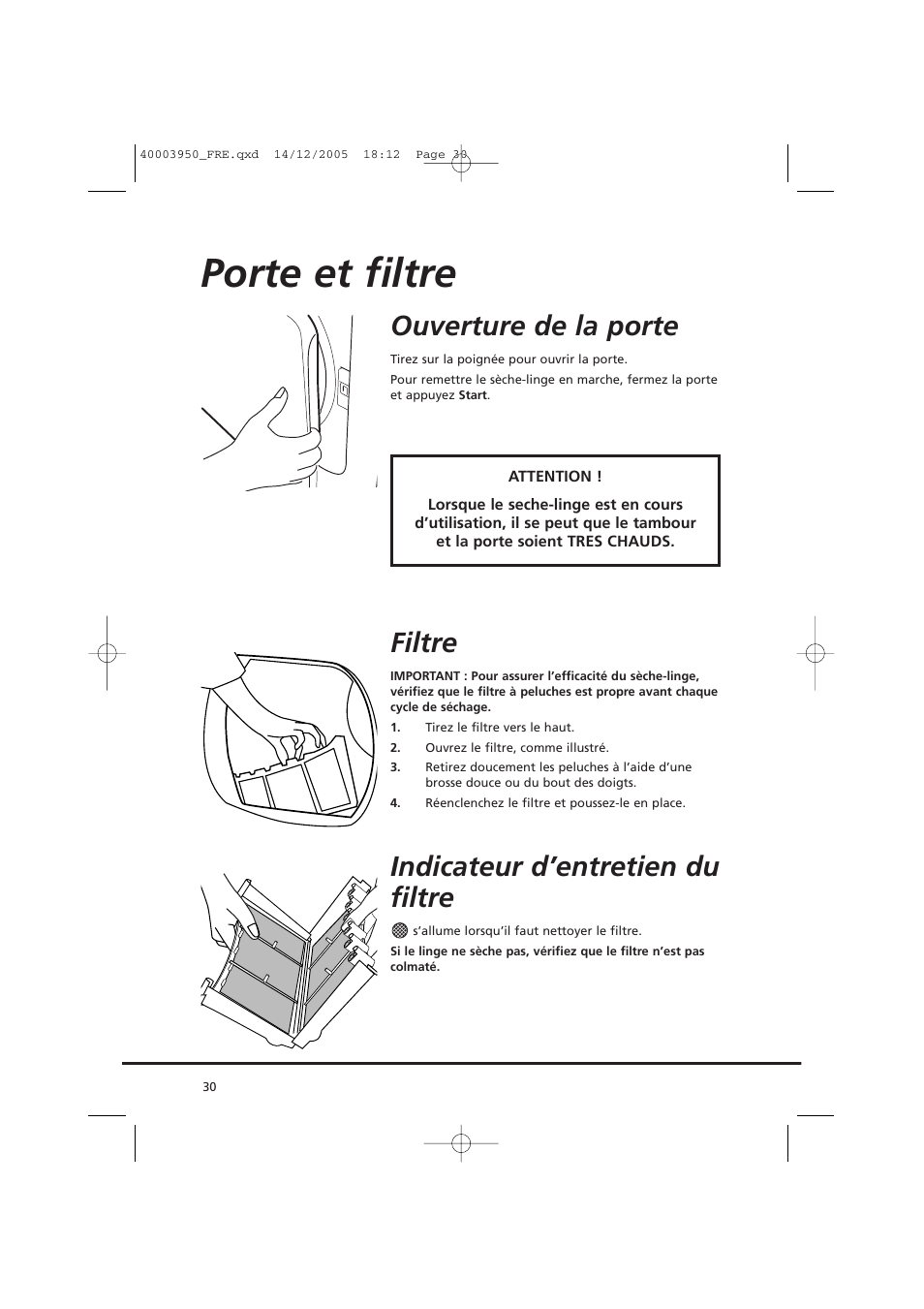 Porte et filtre, Ouverture de la porte, Filtre | Indicateur d’entretien du filtre | Candy CC2 77 T-86S User Manual | Page 30 / 164