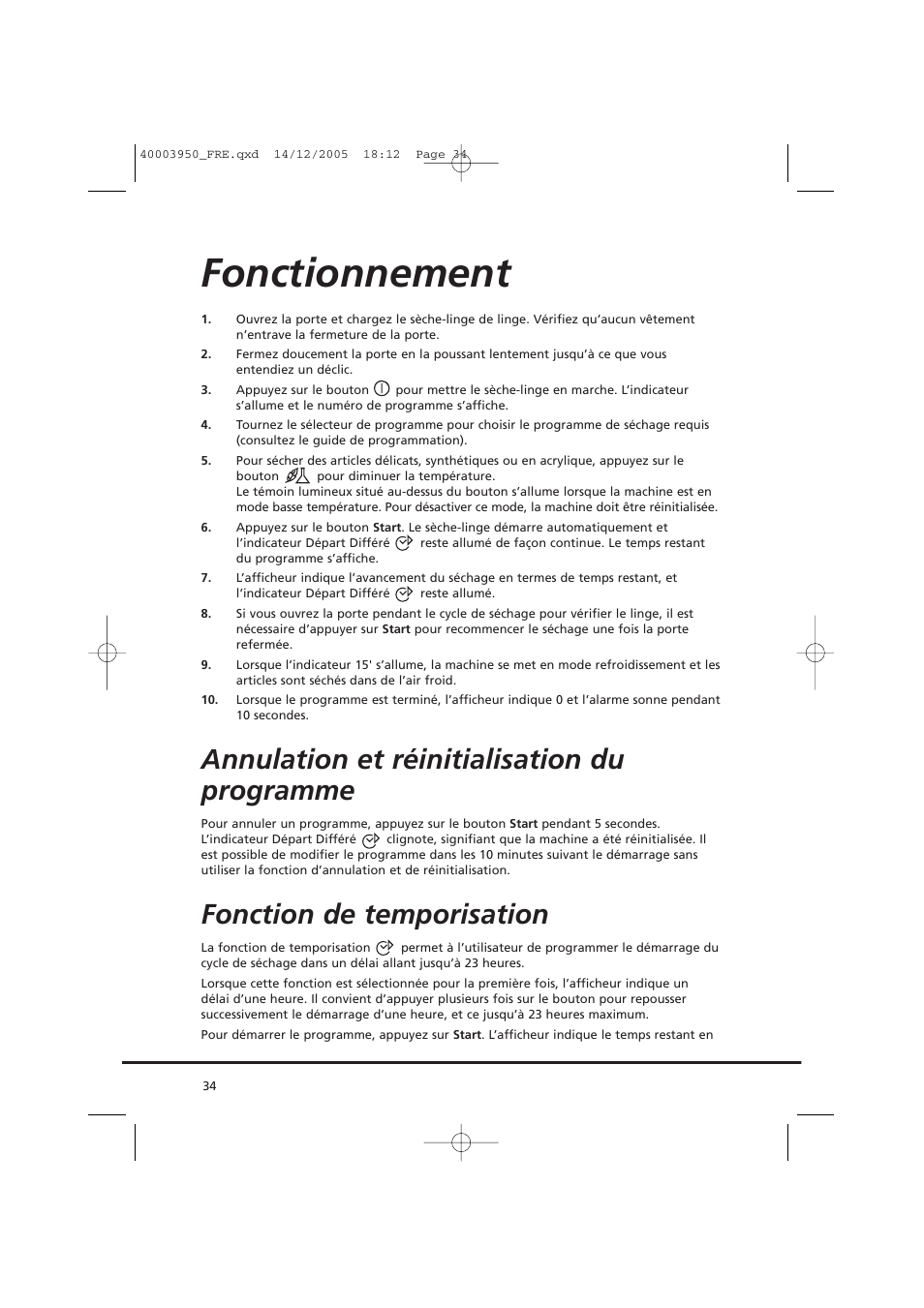 Fonctionnement, Annulation et réinitialisation du programme, Fonction de temporisation | Candy CC2 77 T-86S User Manual | Page 34 / 164