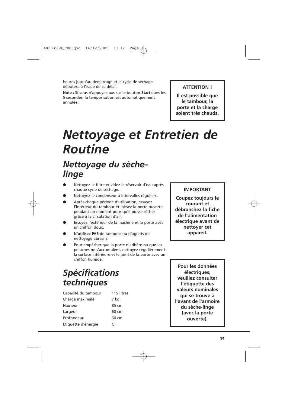 Nettoyage et entretien de routine, Nettoyage du sèche- linge, Spécifications techniques | Candy CC2 77 T-86S User Manual | Page 35 / 164