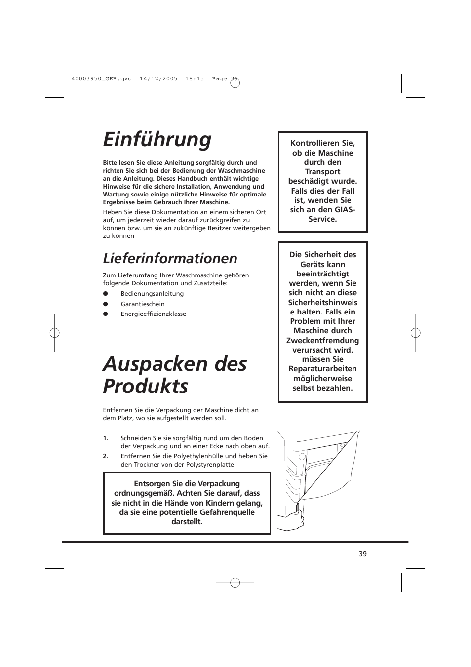 Einführung, Auspacken des produkts, Lieferinformationen | Candy CC2 77 T-86S User Manual | Page 39 / 164