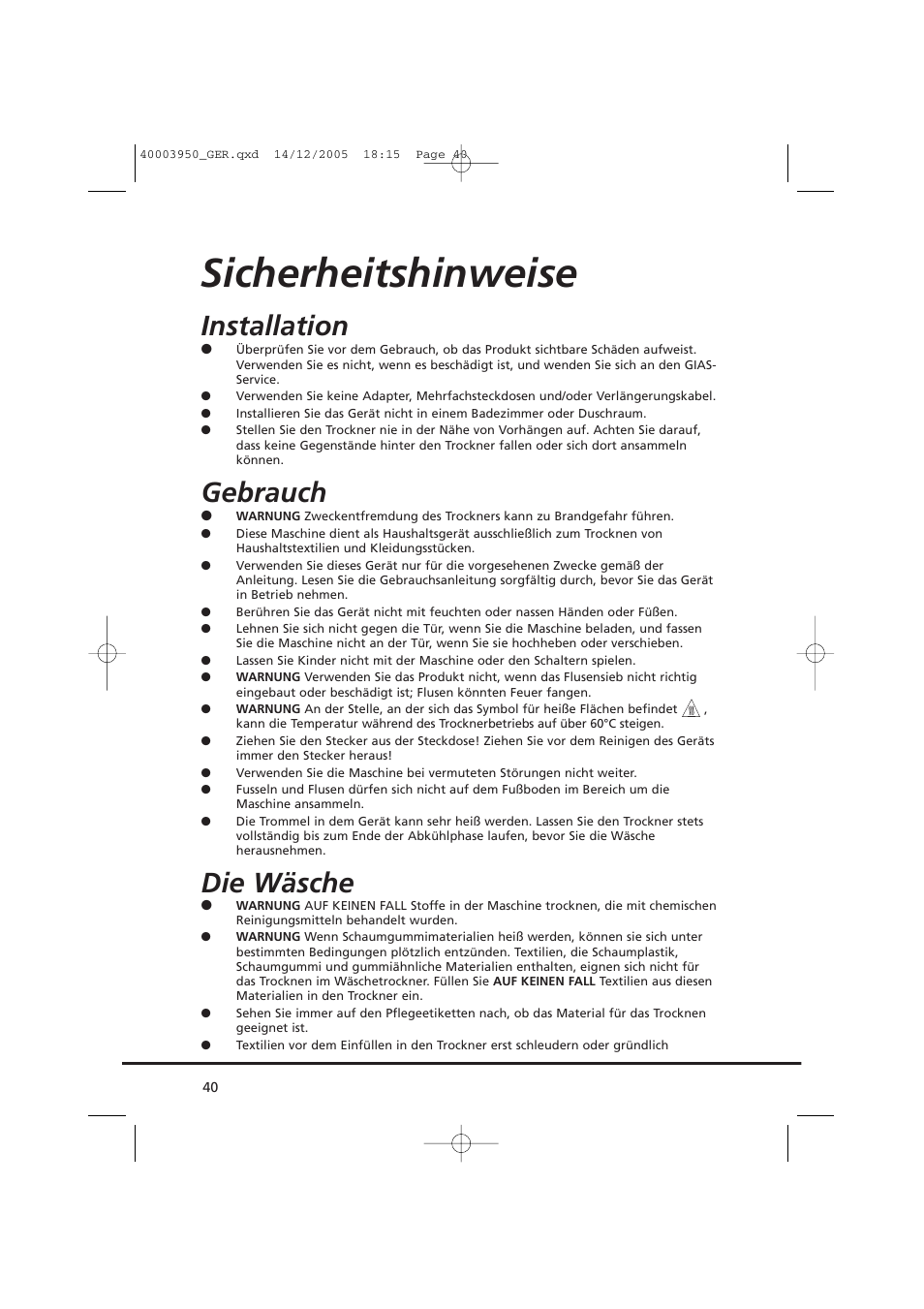 Sicherheitshinweise, Installation, Gebrauch | Die wäsche | Candy CC2 77 T-86S User Manual | Page 40 / 164