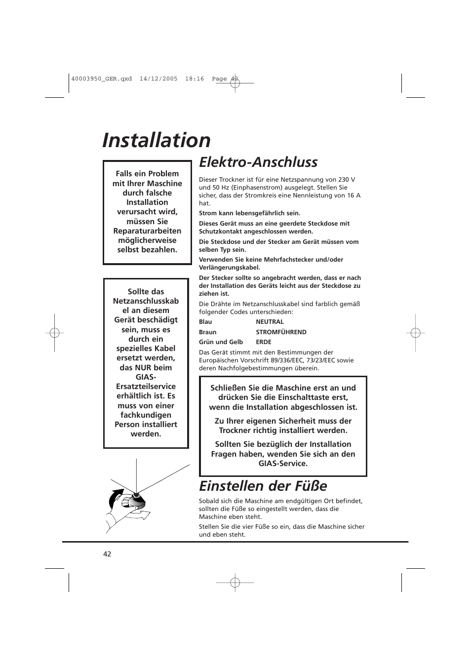 Installation, Elektro-anschluss, Einstellen der füße | Candy CC2 77 T-86S User Manual | Page 42 / 164