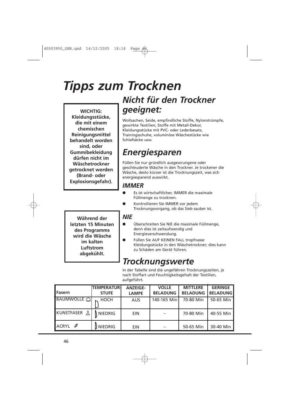 Tipps zum trocknen, Nicht für den trockner geeignet, Energiesparen | Trocknungswerte, Immer | Candy CC2 77 T-86S User Manual | Page 46 / 164