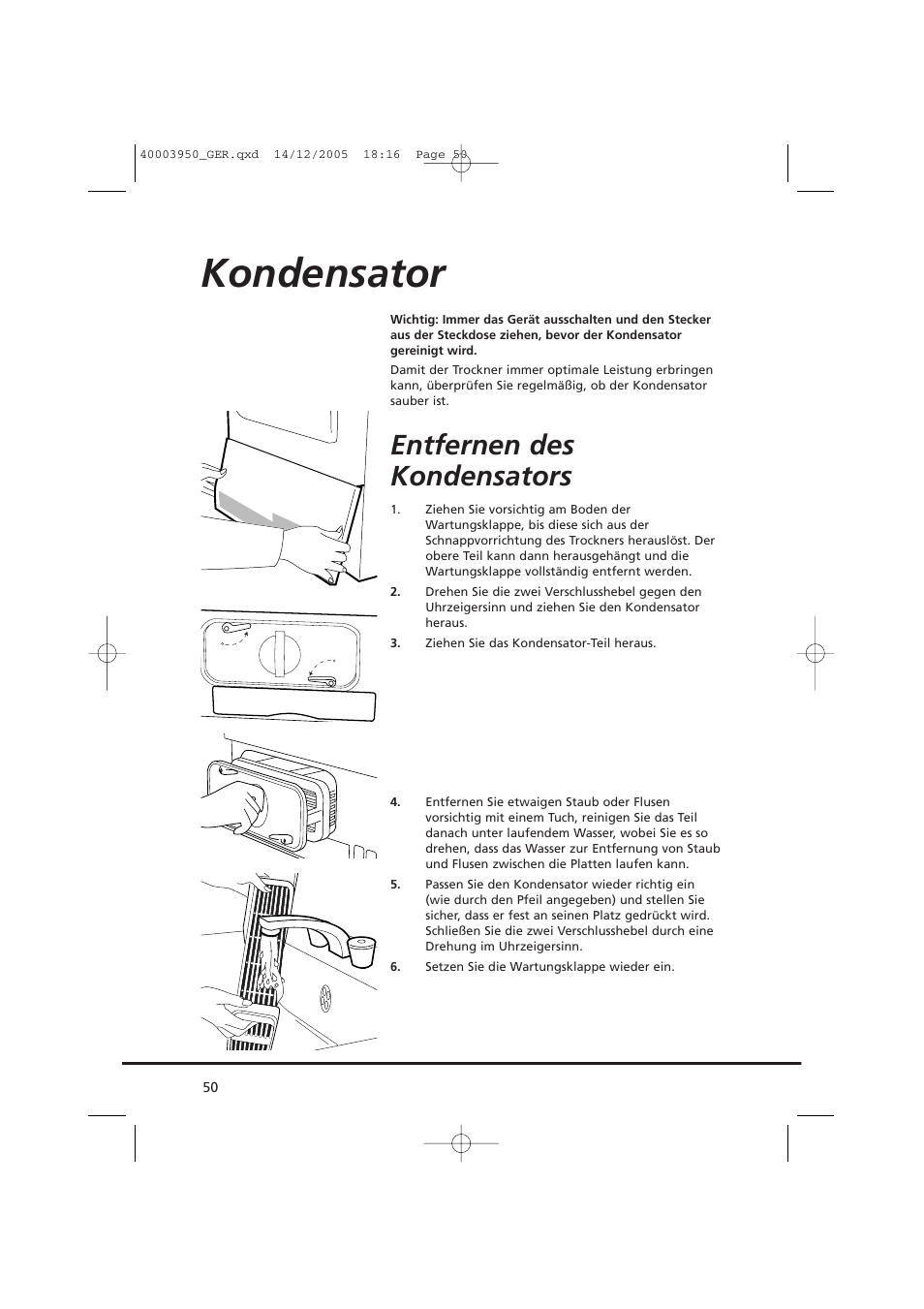 Kondensator, Entfernen des kondensators | Candy CC2 77 T-86S User Manual | Page 50 / 164