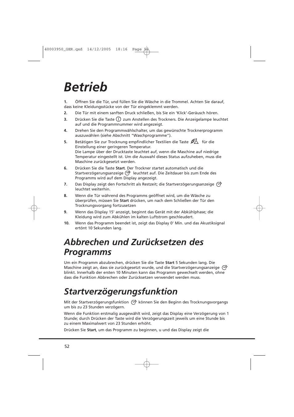 Betrieb, Abbrechen und zurücksetzen des programms, Startverzögerungsfunktion | Candy CC2 77 T-86S User Manual | Page 52 / 164