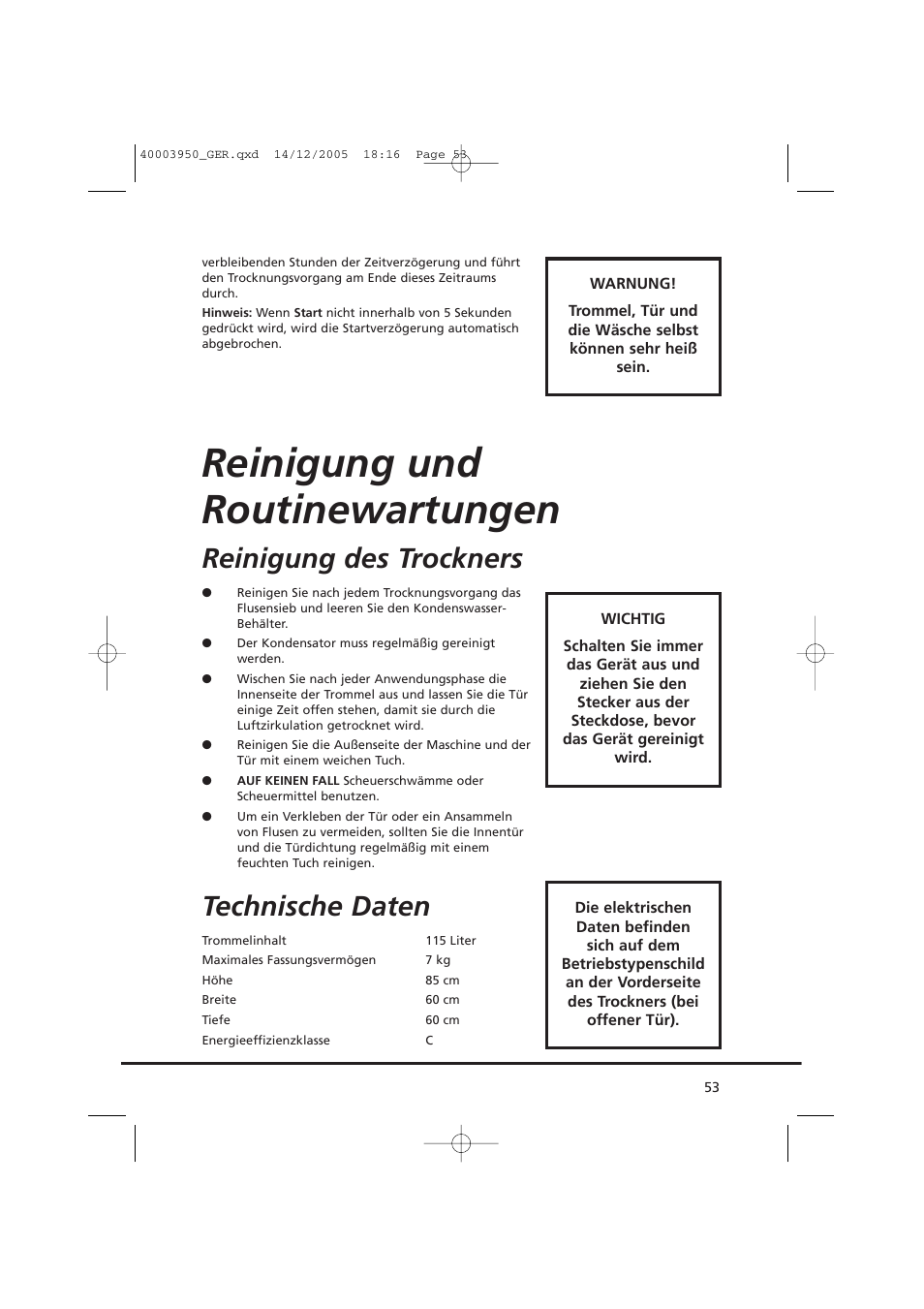 Reinigung und routinewartungen, Reinigung des trockners, Technische daten | Candy CC2 77 T-86S User Manual | Page 53 / 164