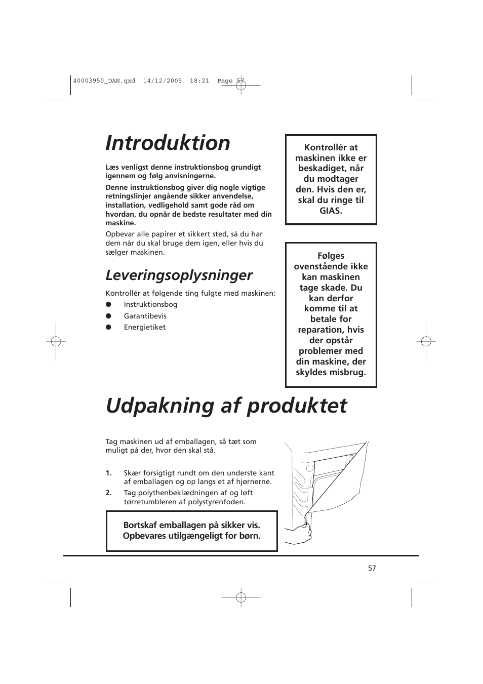 Introduktion, Udpakning af produktet, Leveringsoplysninger | Candy CC2 77 T-86S User Manual | Page 57 / 164