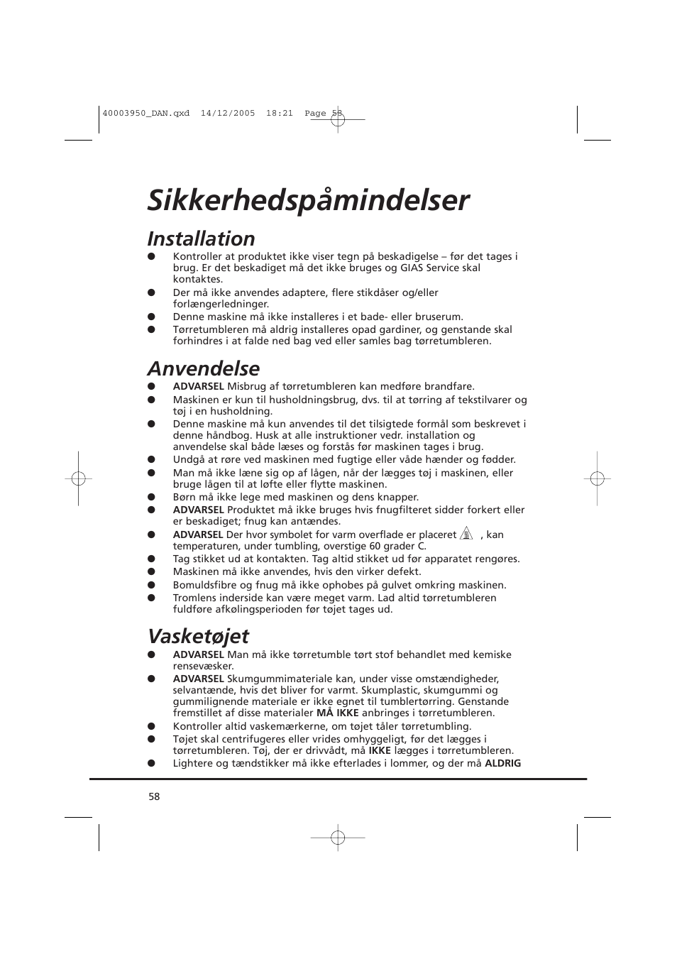 Sikkerhedspåmindelser, Installation, Anvendelse | Vasketøjet | Candy CC2 77 T-86S User Manual | Page 58 / 164