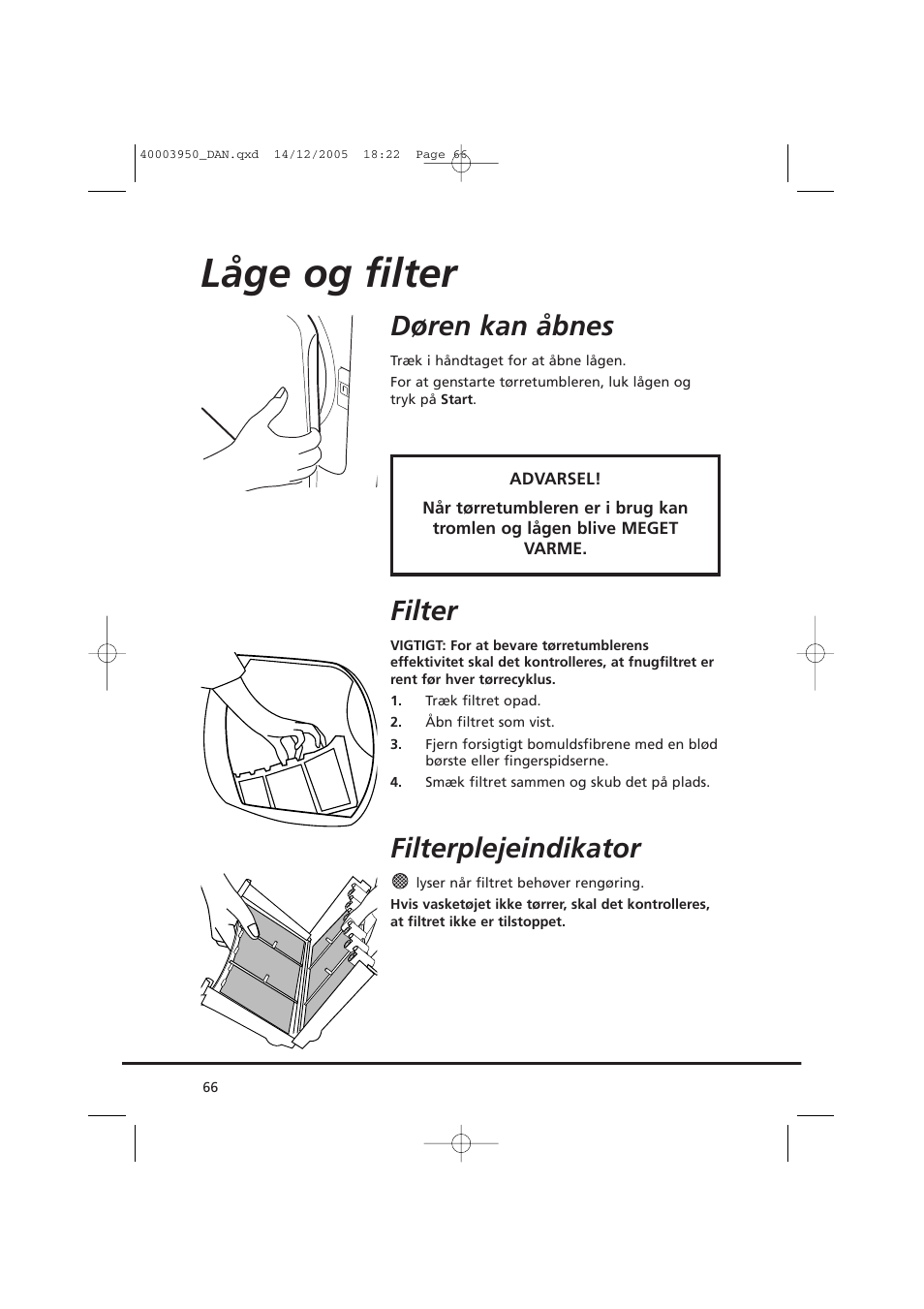 Låge og filter, Døren kan åbnes, Filter | Filterplejeindikator | Candy CC2 77 T-86S User Manual | Page 66 / 164