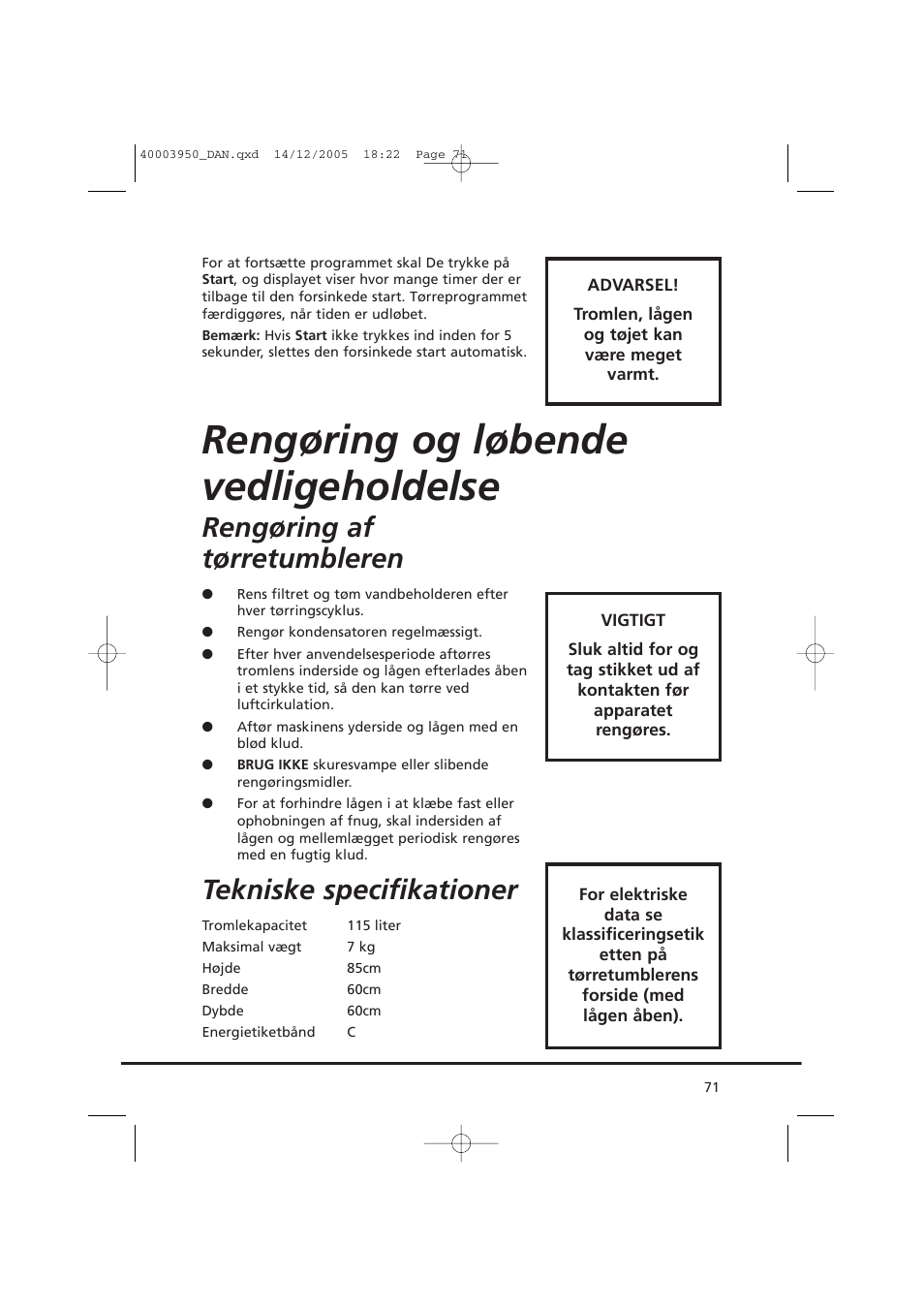 Rengøring og løbende vedligeholdelse, Rengøring af tørretumbleren, Tekniske specifikationer | Candy CC2 77 T-86S User Manual | Page 71 / 164