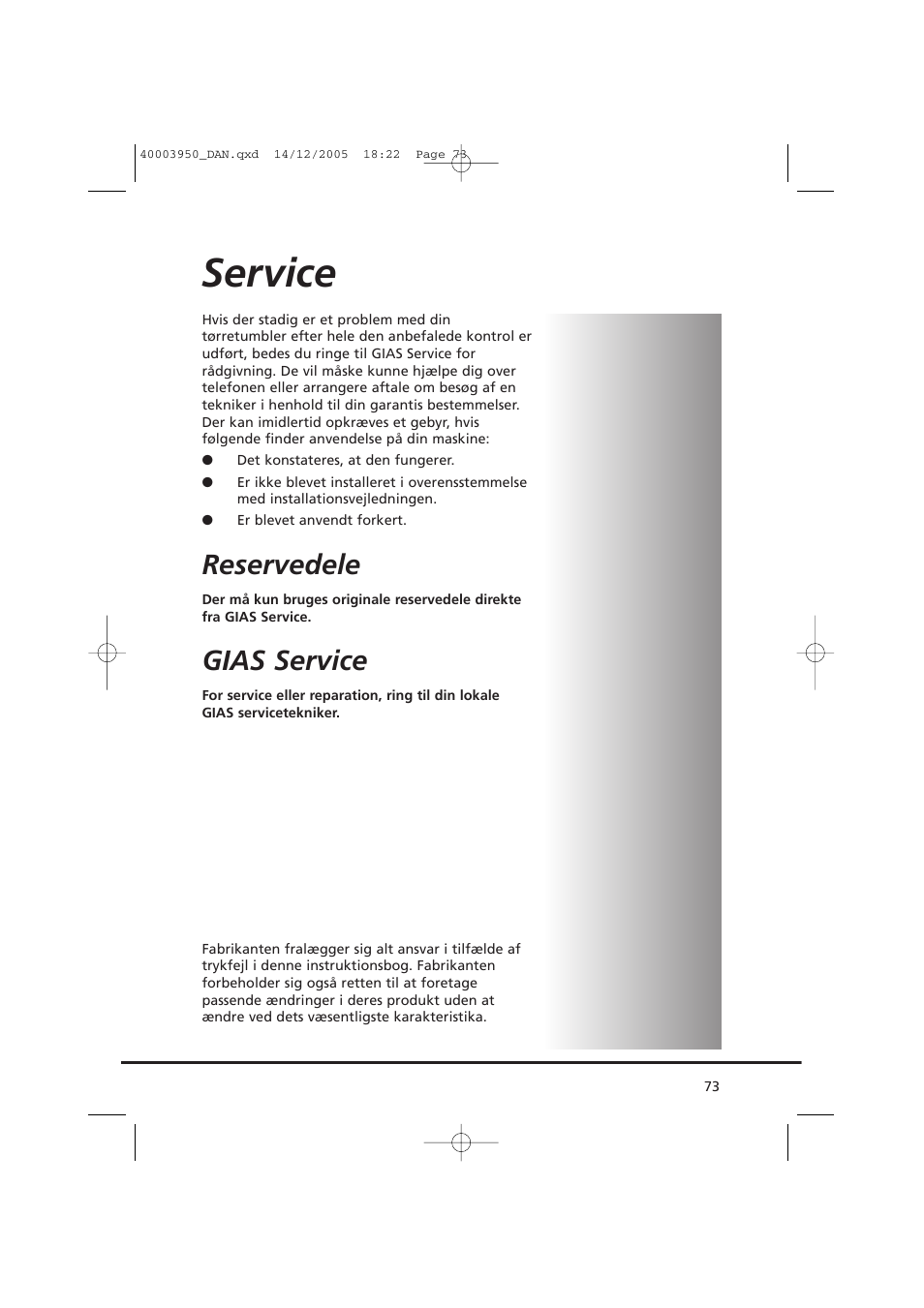 Service, Reservedele, Gias service | Candy CC2 77 T-86S User Manual | Page 73 / 164