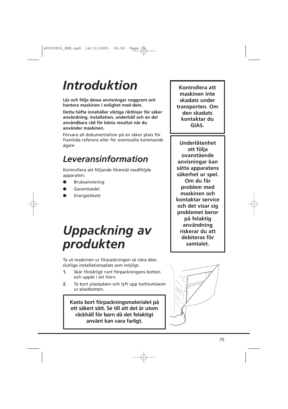 Introduktion, Uppackning av produkten, Leveransinformation | Candy CC2 77 T-86S User Manual | Page 75 / 164