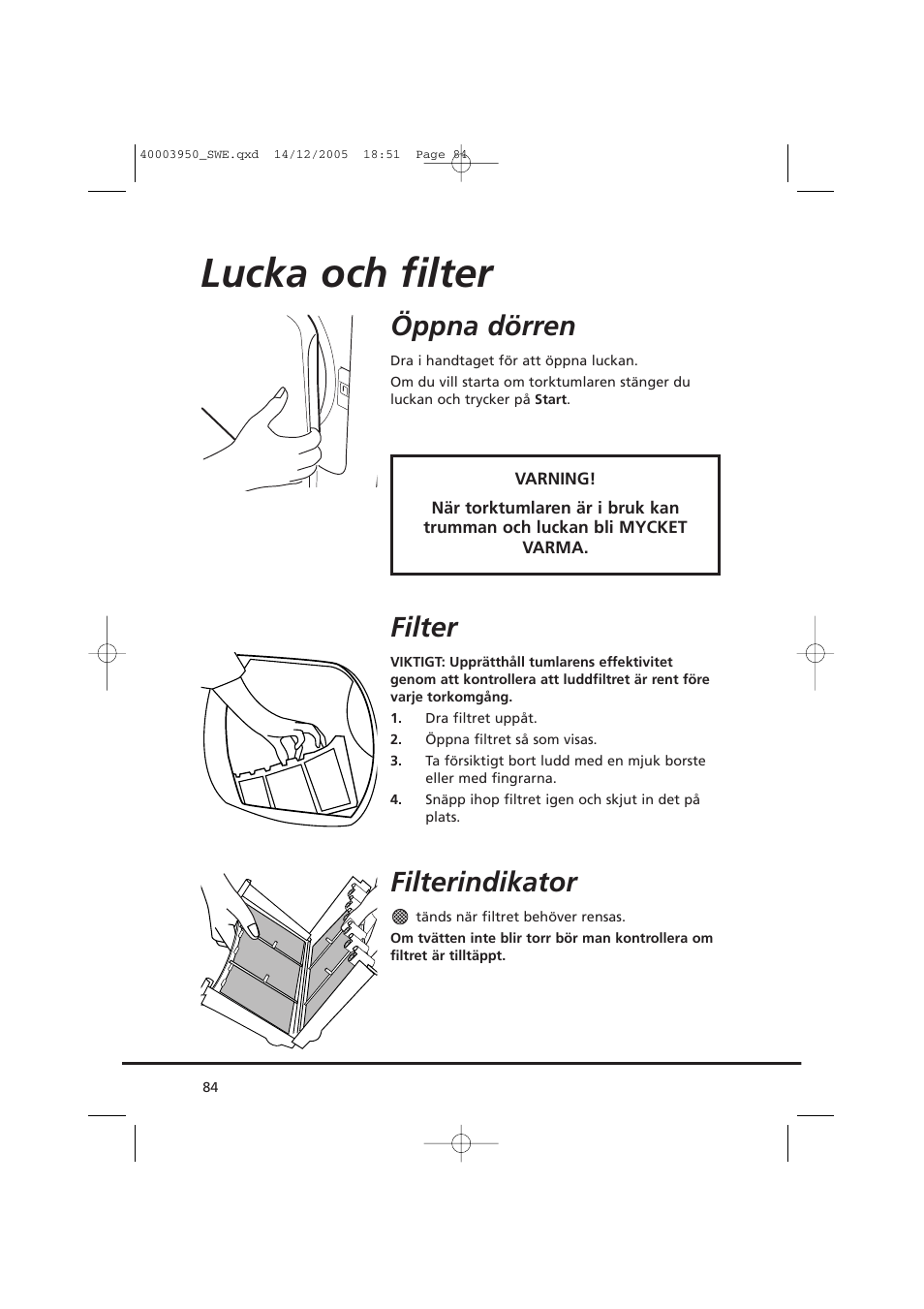 Lucka och filter, Öppna dörren, Filter | Filterindikator | Candy CC2 77 T-86S User Manual | Page 84 / 164