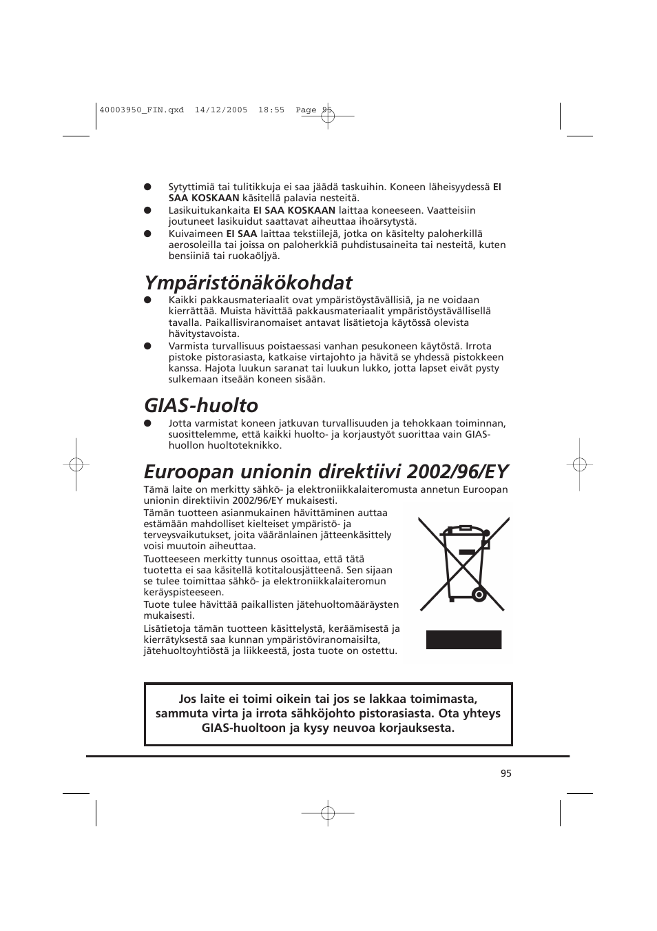 Ympäristönäkökohdat, Gias-huolto | Candy CC2 77 T-86S User Manual | Page 95 / 164
