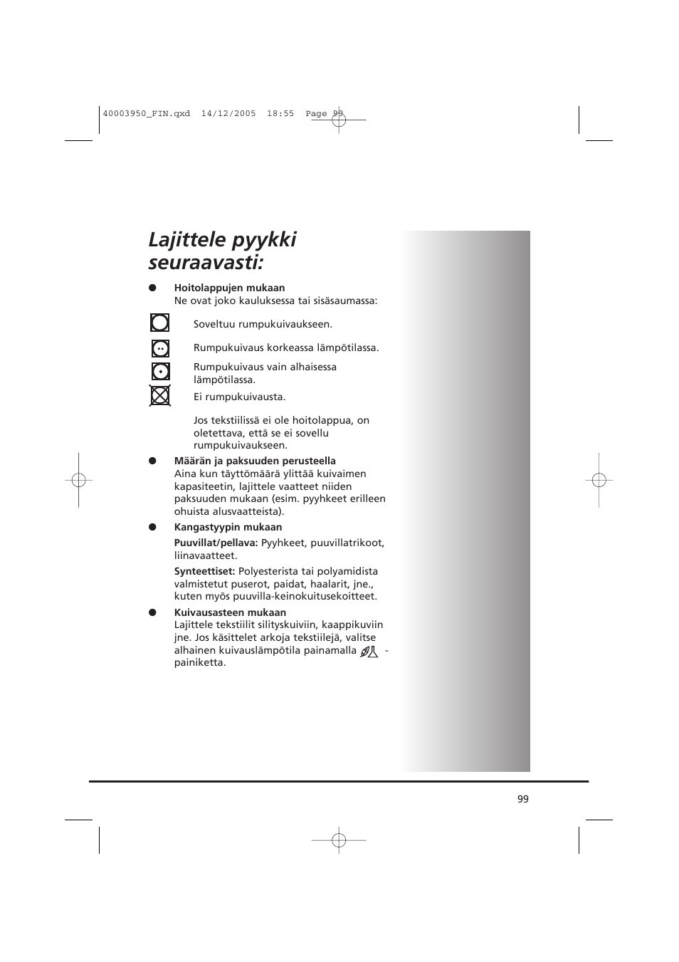 Lajittele pyykki seuraavasti | Candy CC2 77 T-86S User Manual | Page 99 / 164