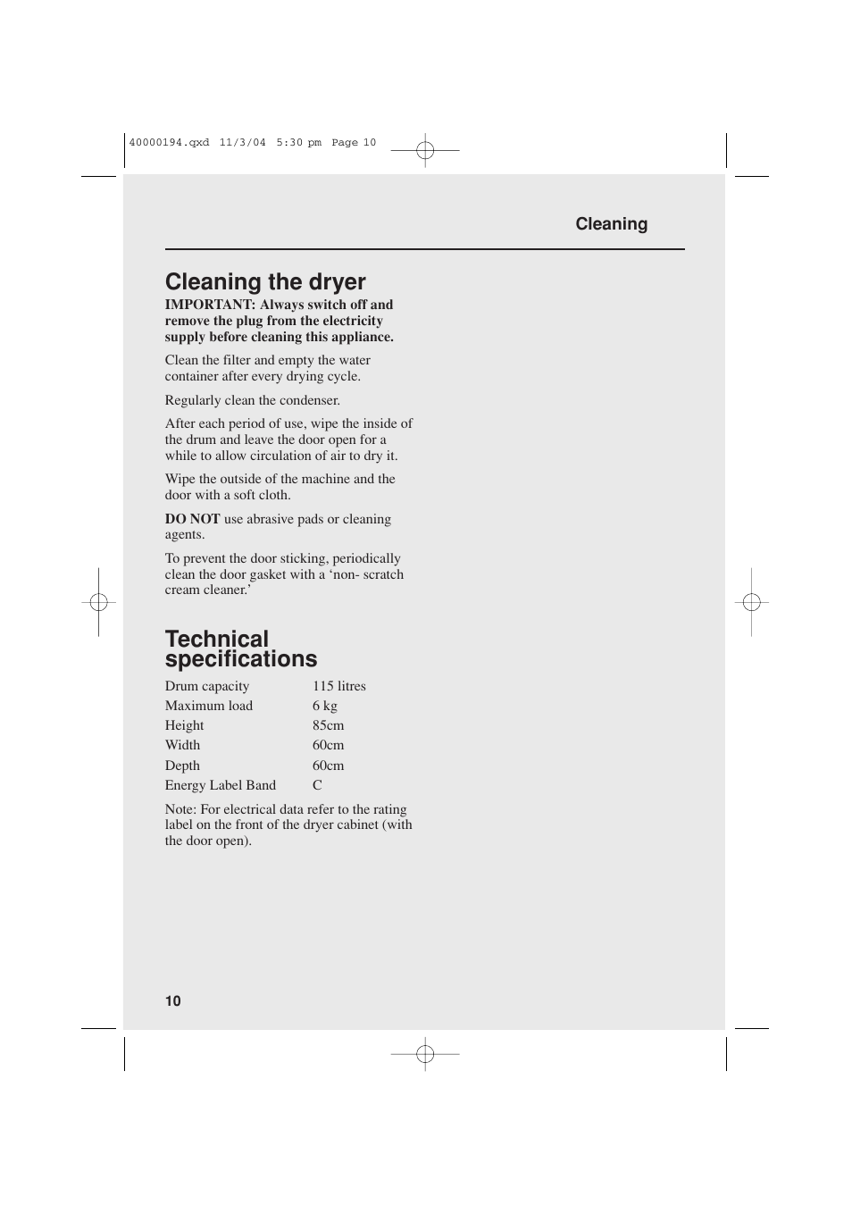 Cleaning the dryer, Technical specifications | Candy AB CDC 266 UK User Manual | Page 10 / 12