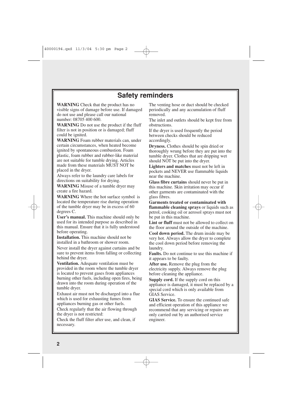 Safety reminders | Candy AB CDC 266 UK User Manual | Page 2 / 12