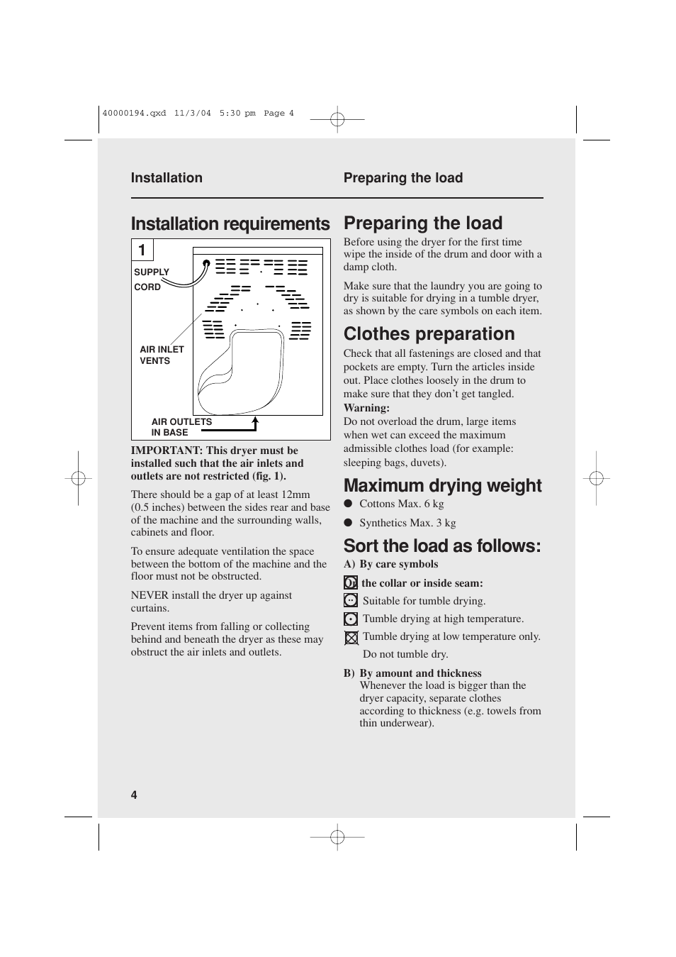 Installation requirements, Preparing the load, Clothes preparation | Maximum drying weight, Sort the load as follows | Candy AB CDC 266 UK User Manual | Page 4 / 12