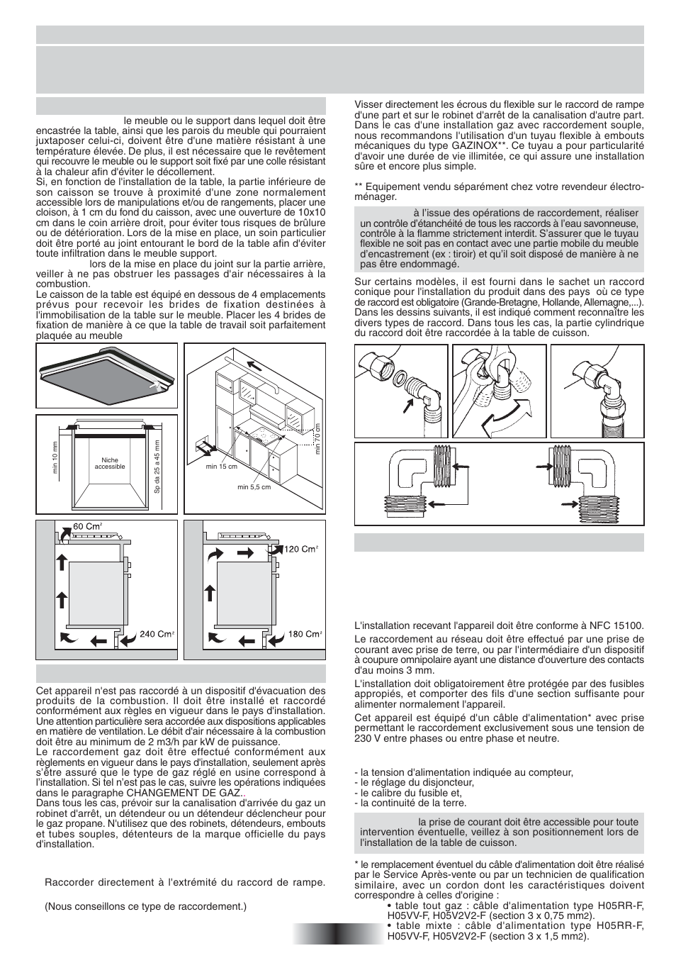 Installation, Le raccordement gaz encastrement, Le raccordement electrique | Candy PLAS 640 XX User Manual | Page 3 / 26