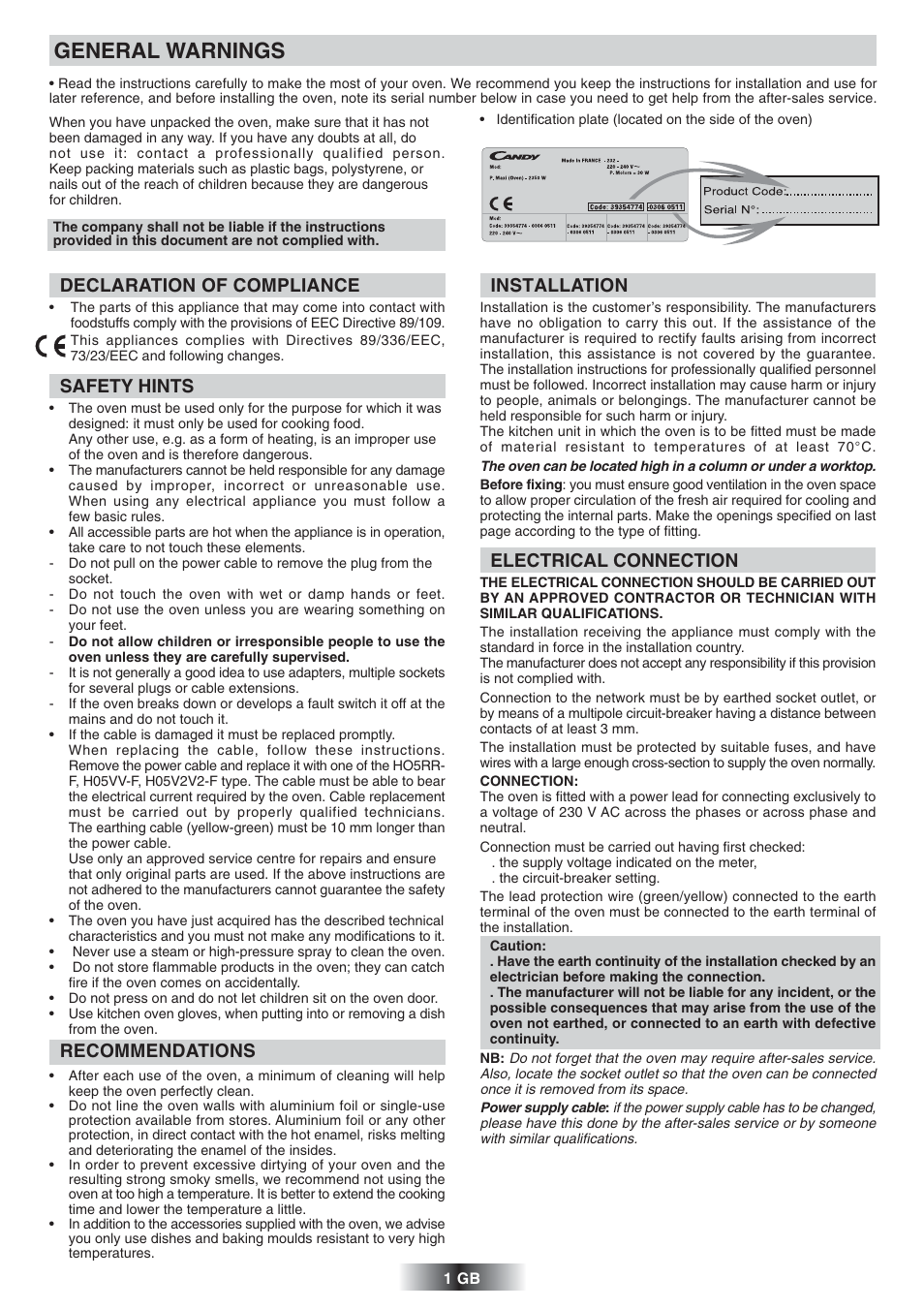 General warnings, Declaration of compliance, Safety hints | Recommendations, Installation, Electrical connection | Candy FL 856 X UK User Manual | Page 2 / 9