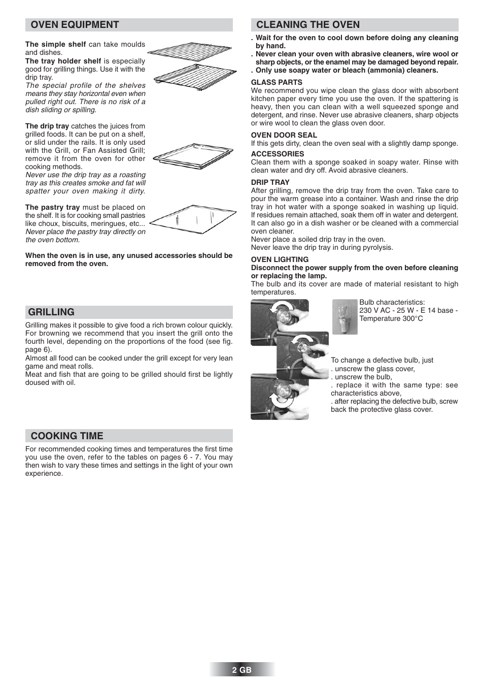 Oven equipment, Grilling, Cooking time | Cleaning the oven | Candy FL 856 X UK User Manual | Page 3 / 9