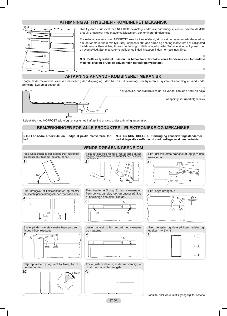 Afrimning af fryseren - kombineret mekanisk, Aftapning af vand - kombineret mekanisk, Vende døråbningerne om | Candy CRCS 6184 X User Manual | Page 38 / 45