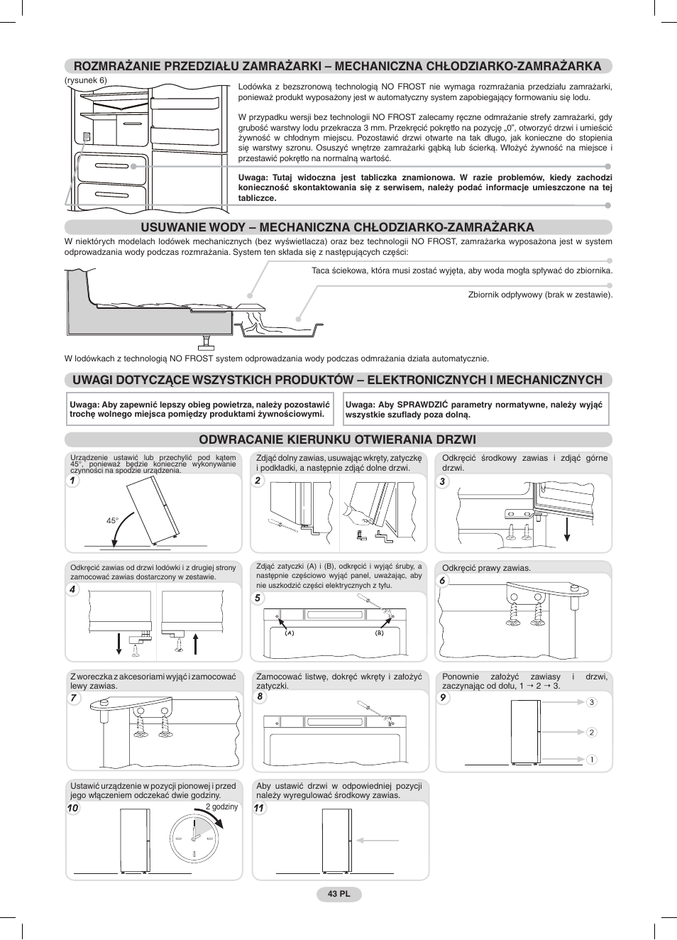 Usuwanie wody – mechaniczna chłodziarko-zamrażarka, Odwracanie kierunku otwierania drzwi | Candy CRCS 6184 X User Manual | Page 44 / 45