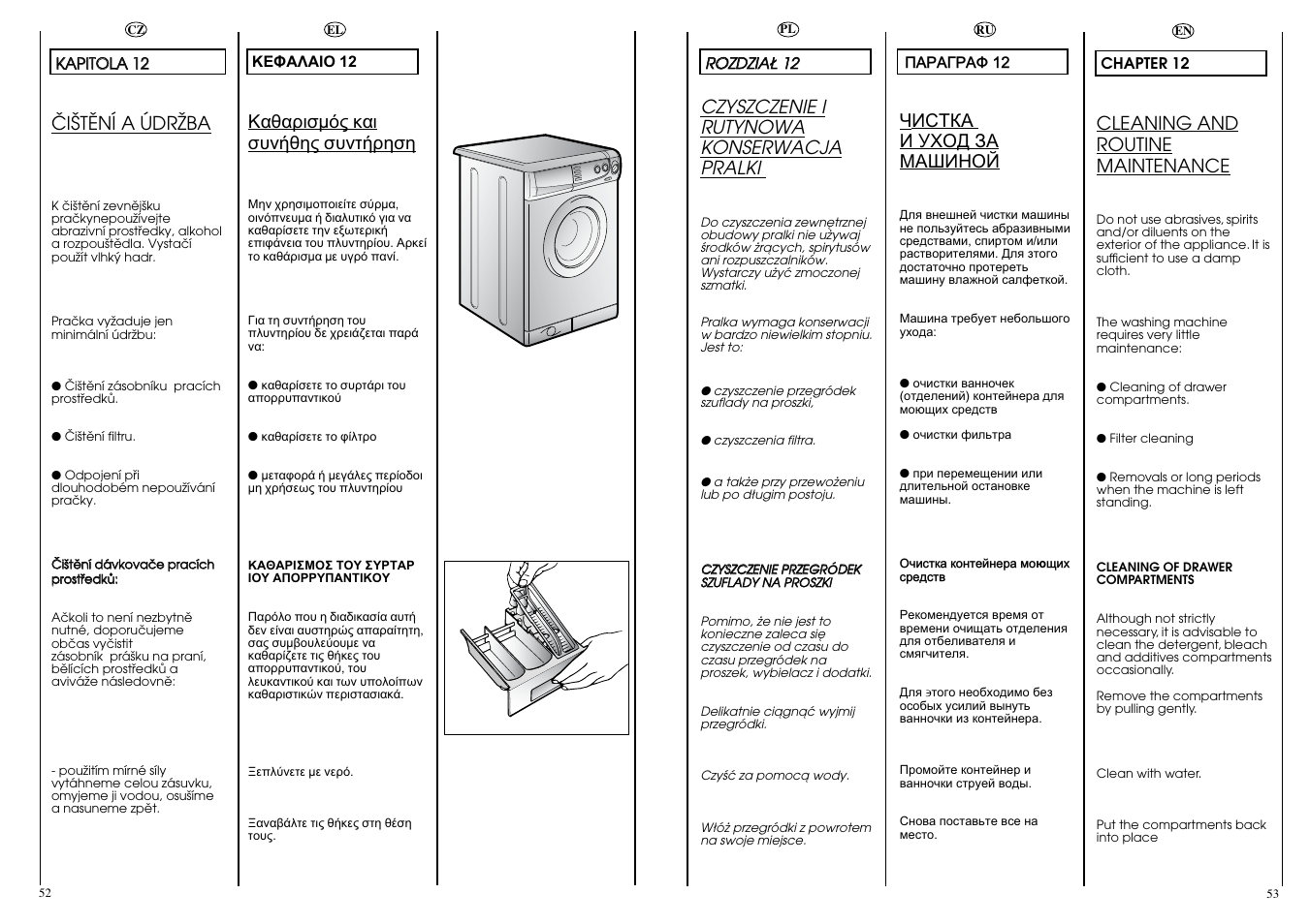 Cleaning and routine maintenance, Чèñòêà и уход за машиной, Öiätëní a údrïba | Czyszczenie i rutynowa konserwacja pralki | Candy CBE 825 T User Manual | Page 27 / 33