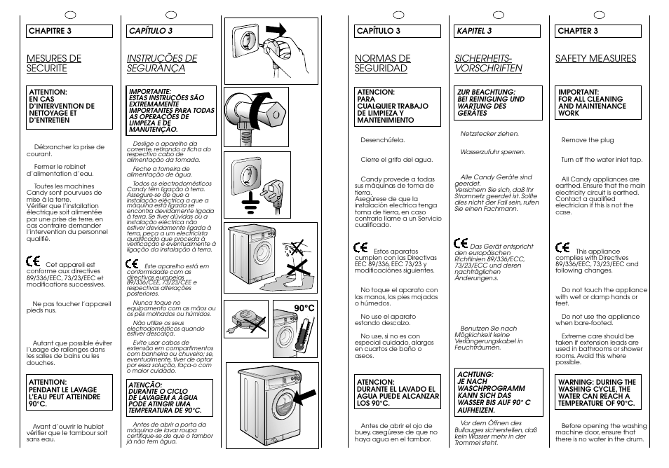 Instruções de segurança, Mesures de securite, Safety measures | Normas de seguridad, Sicherheits- vorschriften | Candy CB 412 XT User Manual | Page 6 / 33