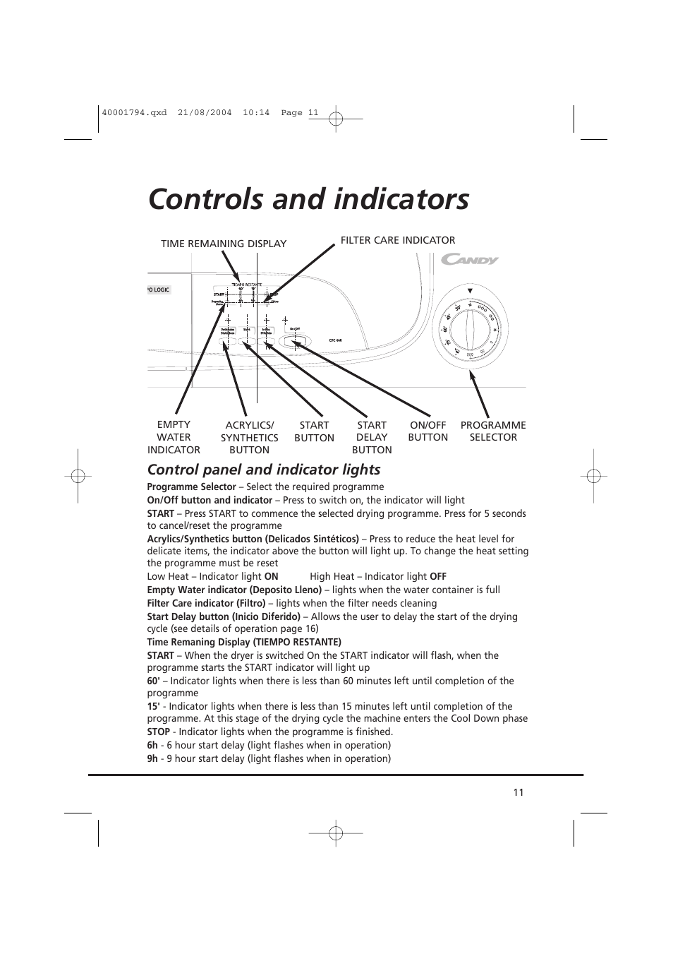 Controls and indicators, Control panel and indicator lights | Candy AB CDC 668 - SY User Manual | Page 11 / 40