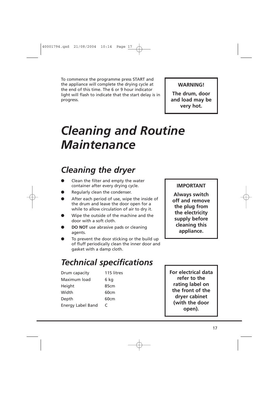 Cleaning and routine maintenance, Cleaning the dryer, Technical specifications | Candy AB CDC 668 - SY User Manual | Page 17 / 40