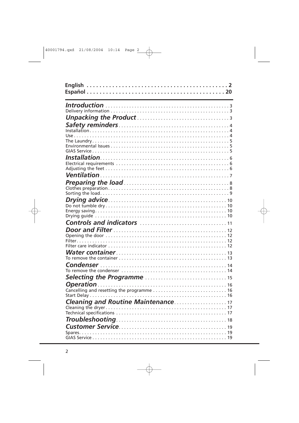 Introduction, Unpacking the product, Safety reminders | Installation, Ventilation, Preparing the load, Drying advice, Controls and indicators, Door and filter, Water container | Candy AB CDC 668 - SY User Manual | Page 2 / 40
