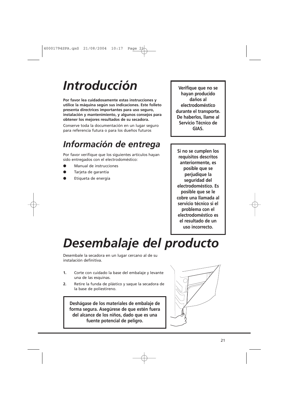 Introducción, Desembalaje del producto, Información de entrega | Candy AB CDC 668 - SY User Manual | Page 21 / 40