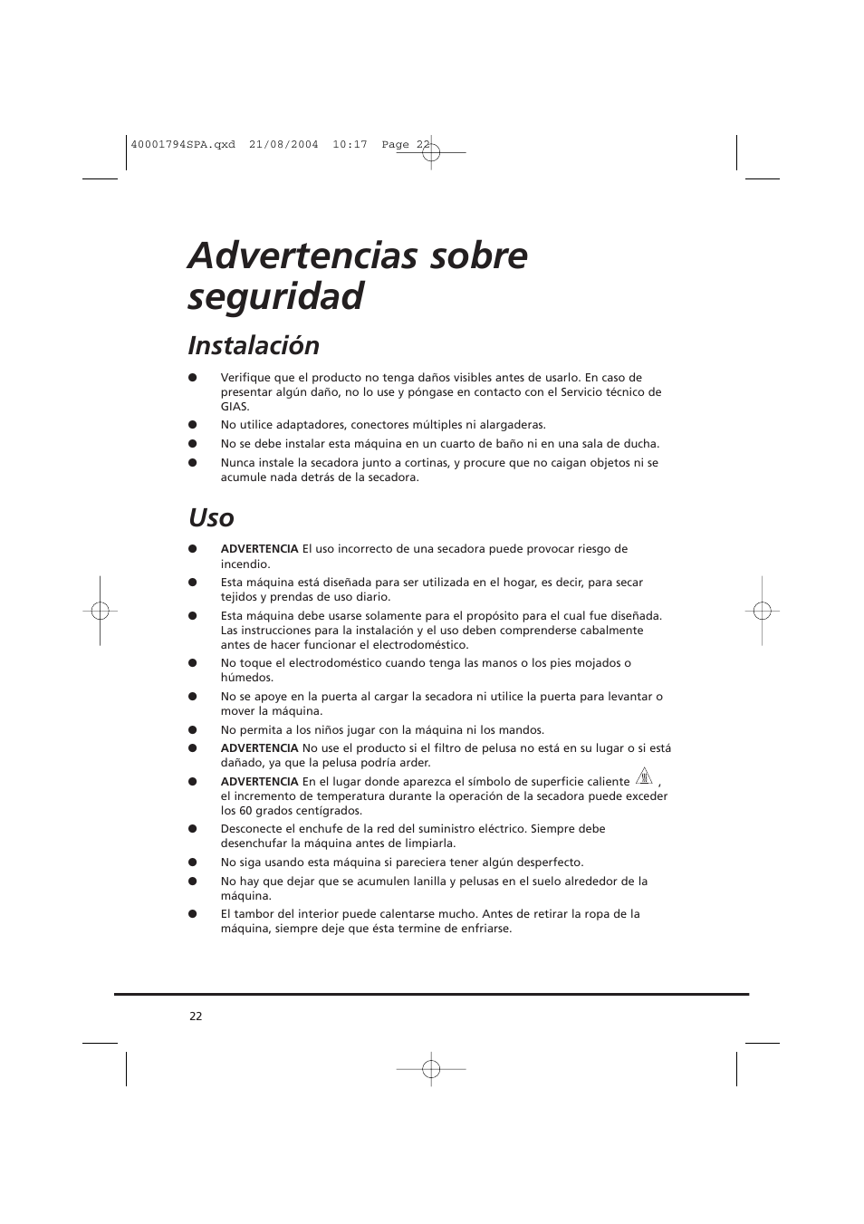 Advertencias sobre seguridad, Instalación | Candy AB CDC 668 - SY User Manual | Page 22 / 40