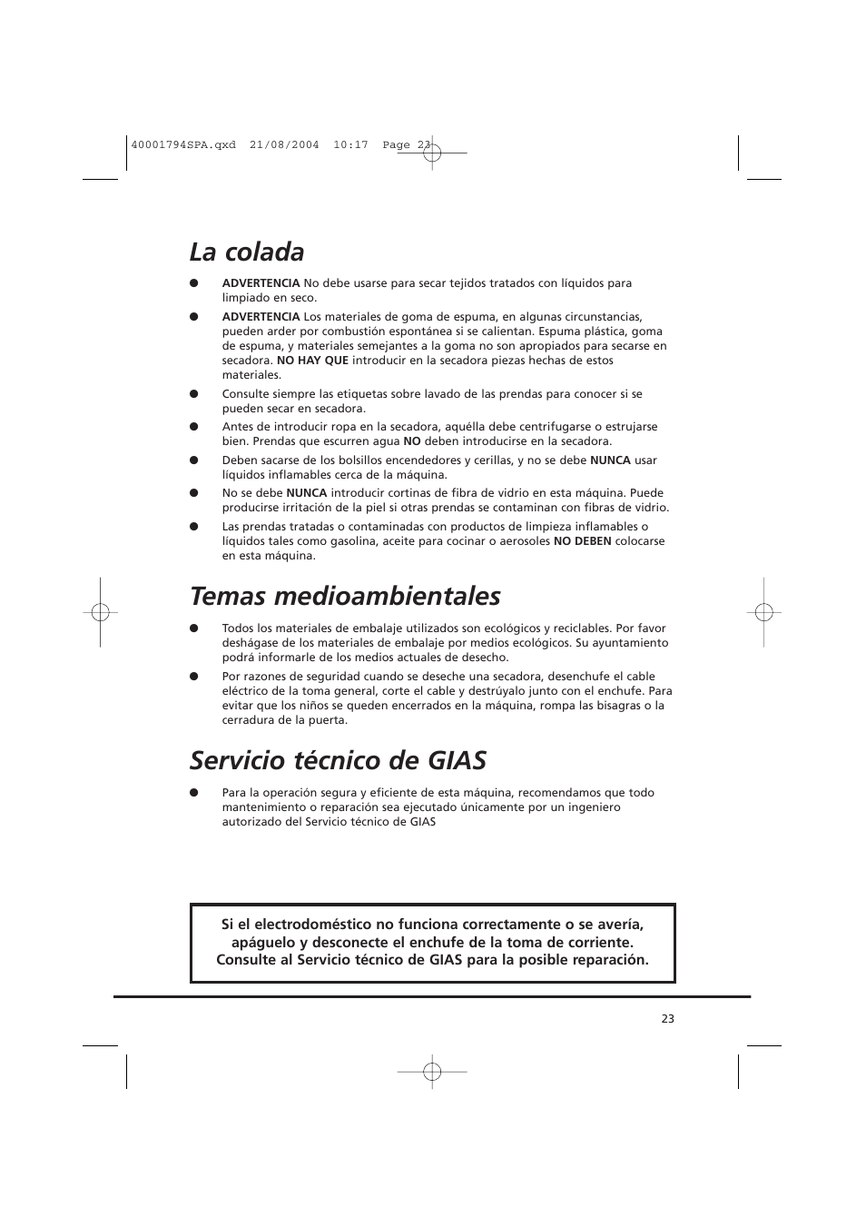 La colada, Temas medioambientales, Servicio técnico de gias | Candy AB CDC 668 - SY User Manual | Page 23 / 40