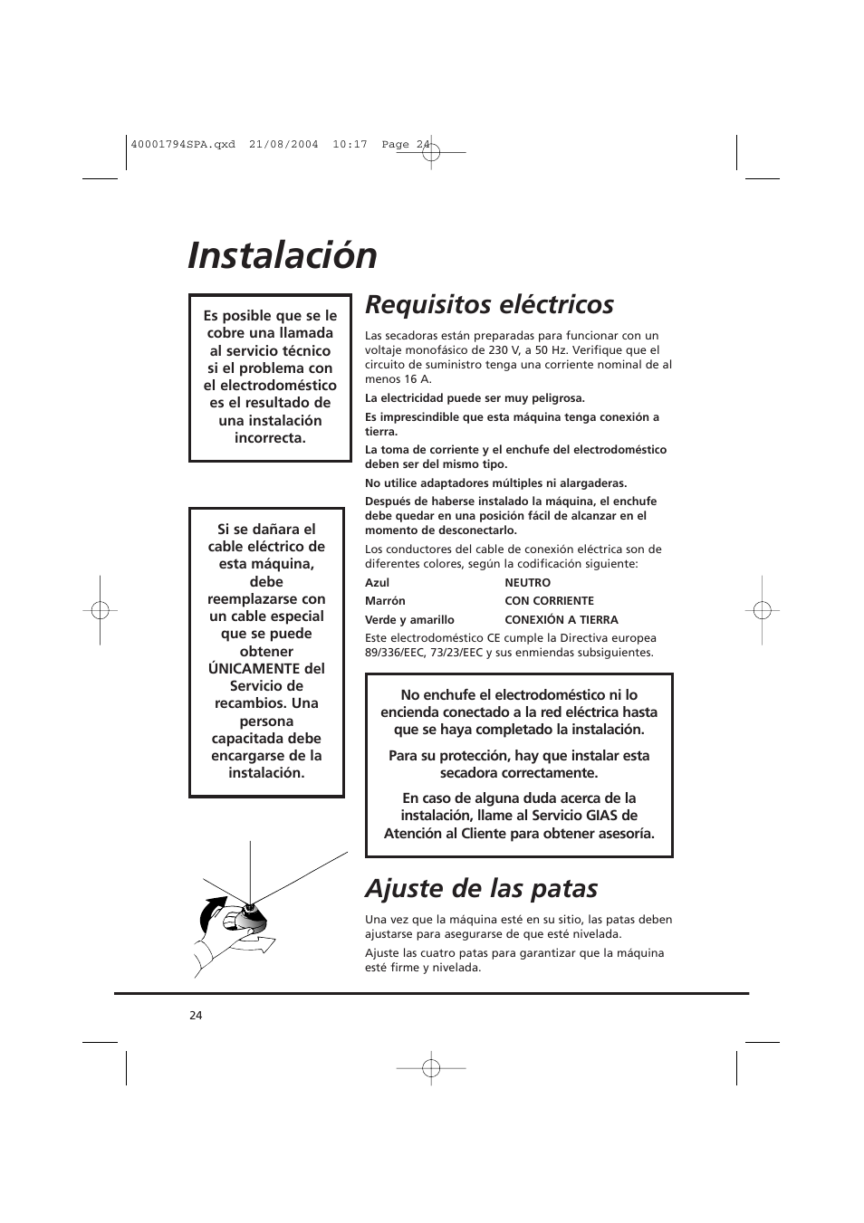 Instalación, Requisitos eléctricos, Ajuste de las patas | Candy AB CDC 668 - SY User Manual | Page 24 / 40