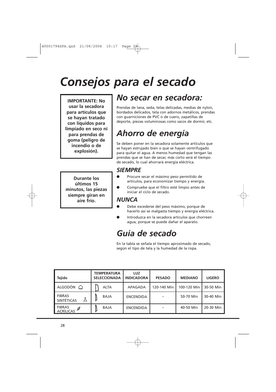 Consejos para el secado, No secar en secadora, Ahorro de energía | Guía de secado, Siempre, Nunca | Candy AB CDC 668 - SY User Manual | Page 28 / 40