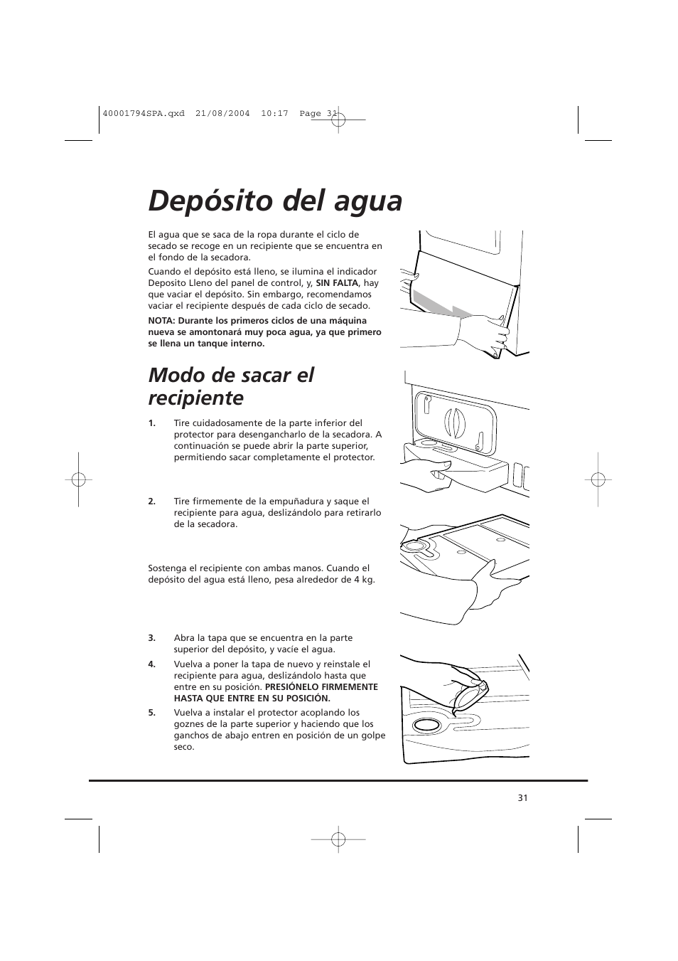 Depósito del agua, Modo de sacar el recipiente | Candy AB CDC 668 - SY User Manual | Page 31 / 40