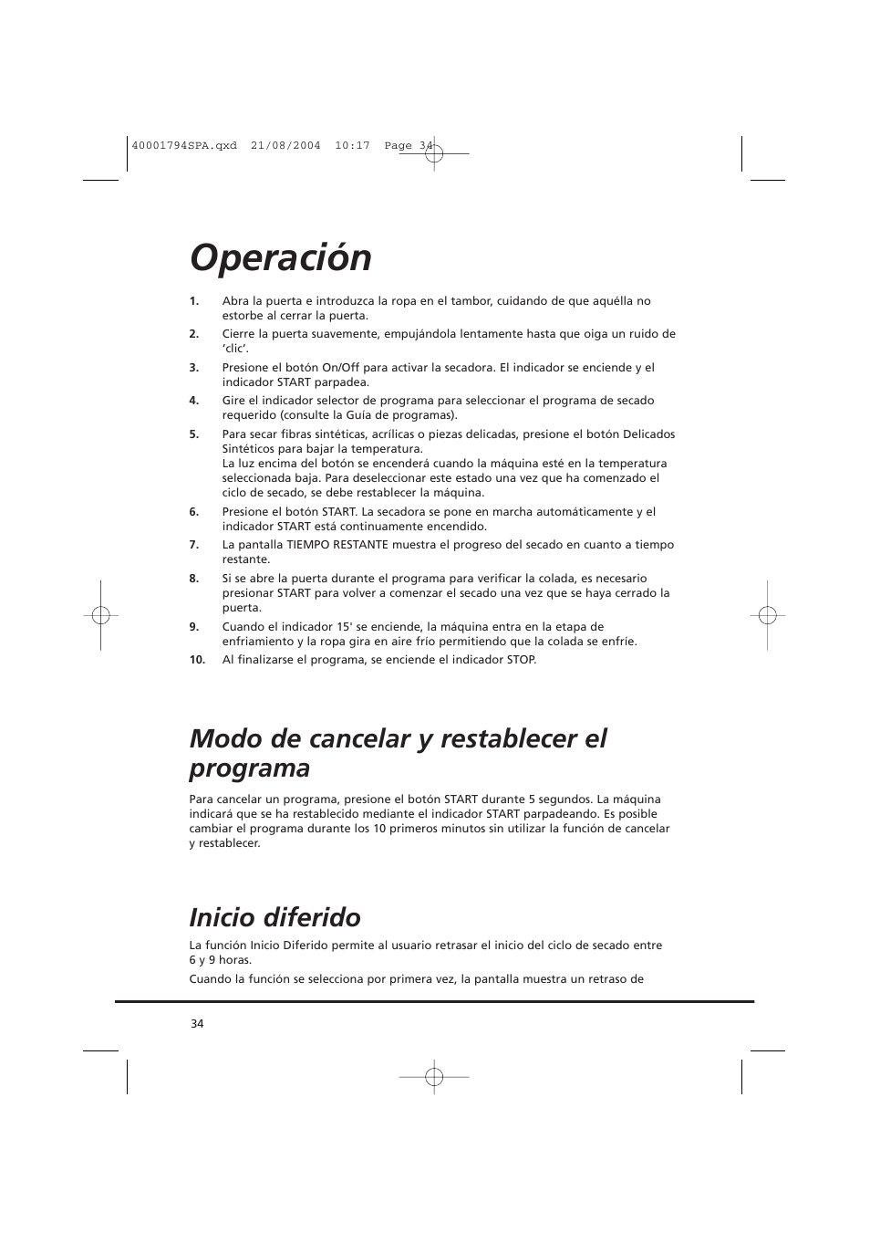 Operación, Modo de cancelar y restablecer el programa, Inicio diferido | Candy AB CDC 668 - SY User Manual | Page 34 / 40