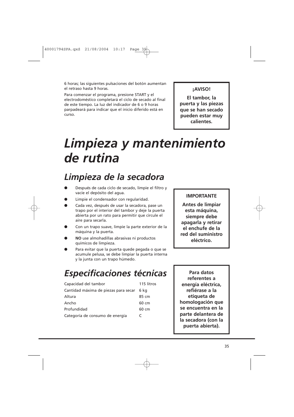 Limpieza y mantenimiento de rutina, Limpieza de la secadora, Especificaciones técnicas | Candy AB CDC 668 - SY User Manual | Page 35 / 40