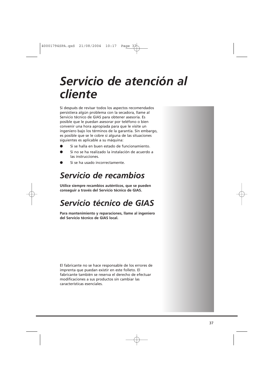 Servicio de atención al cliente, Servicio de recambios, Servicio técnico de gias | Candy AB CDC 668 - SY User Manual | Page 37 / 40